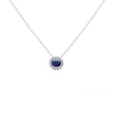 14K White Gold .06ctw Diamond & Oval Sapphire Horizontal Necklace with Halo